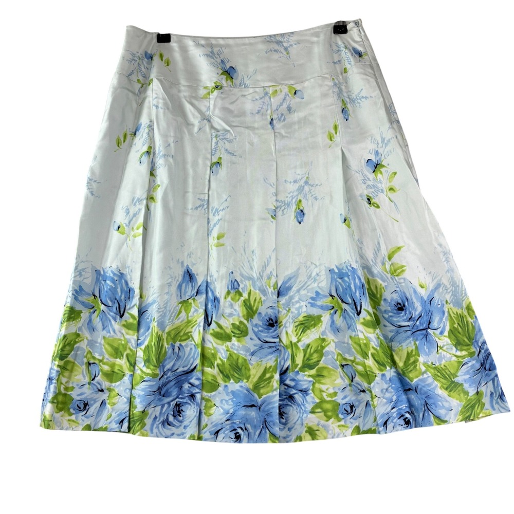 Women's Silk Skirt Size 10 Blue Floral Pleated Aline Knee Length Cottagecore New